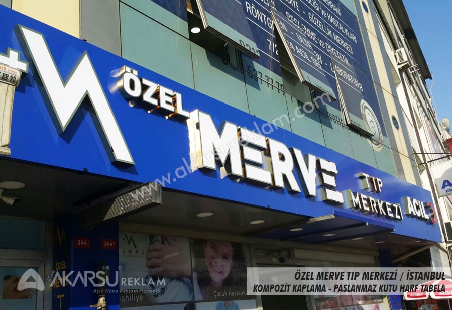 Özel Merve Tıp Merkez Kompozit Kaplama Kutu Harf Tabela